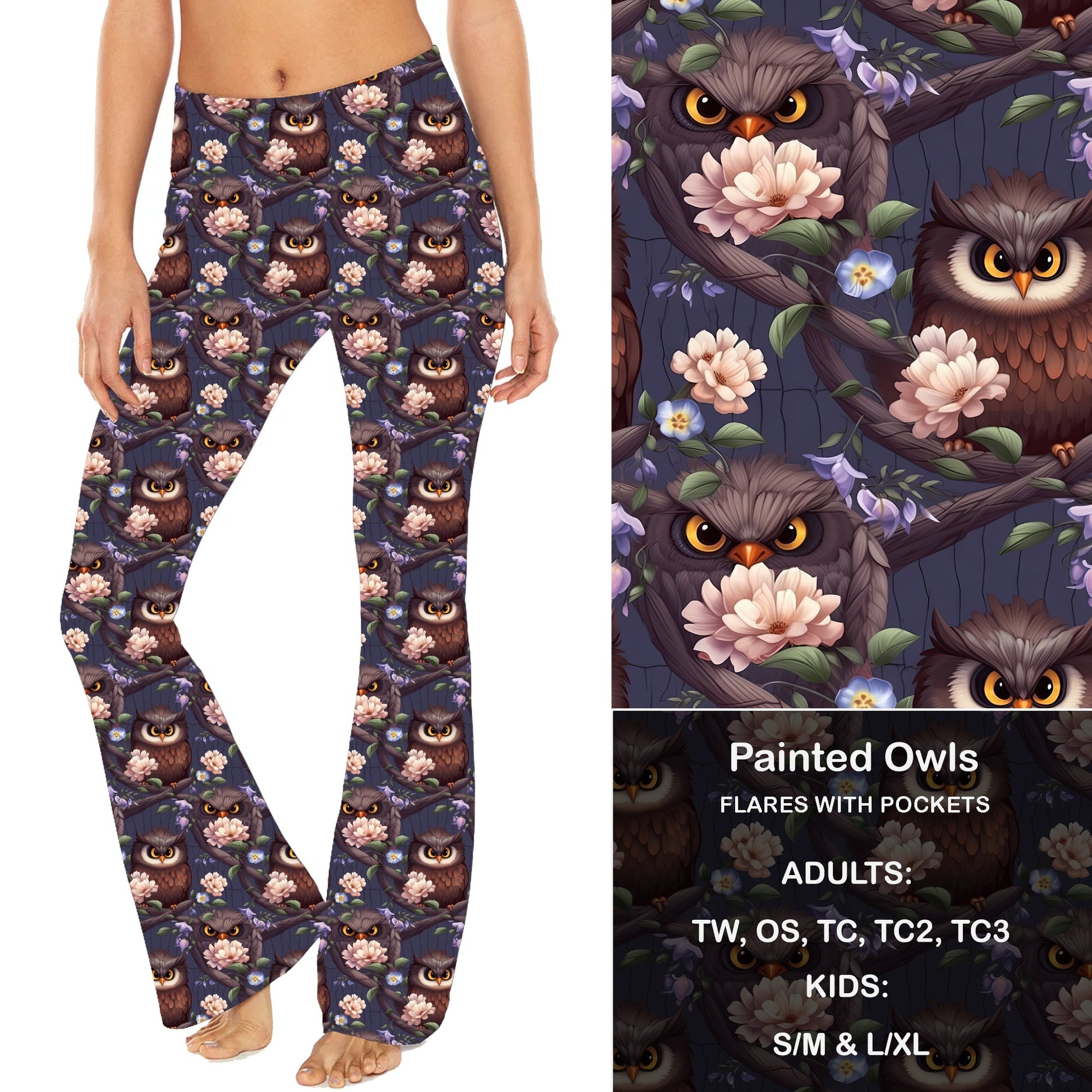 Painted Owls - Yoga Flares with Pockets - Alonna's Legging Land