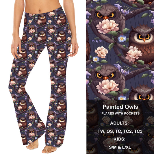 Painted Owls - Yoga Flares with Pockets - Alonna's Legging Land