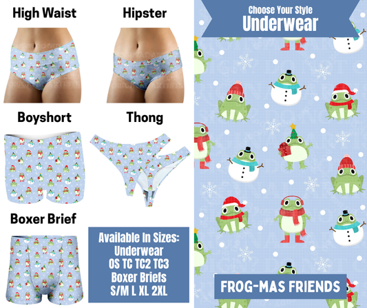 Preorder! Closes 8/26. ETA Nov. Frog-mas Friends Hipster, High Waist, Boyshort, & Thong Underwear & Boxer Briefs