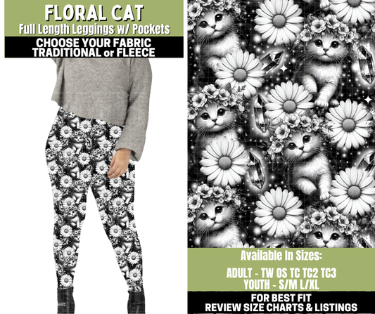 Preorder! Closes 11/6. ETA Jan. Floral Cat Leggings Choose Fleece or Traditional