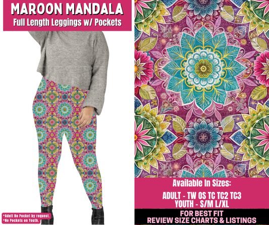 Preorder! Closes 12/31. ETA March. Maroon Mandala Full Length Leggings w/wo Pockets