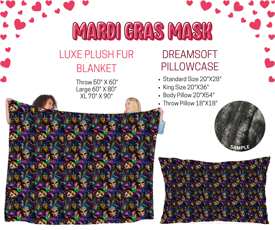 Preorder! Closes 11/17. ETA Jan. Mardi Gras Mask Luxe Plush Fur Blanket and/or DreamSoft Pillowcase