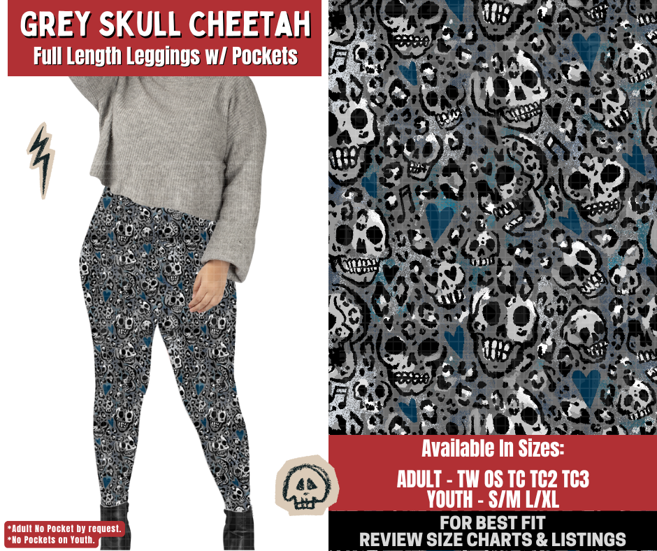 Preorder! Closes 12/22. ETA March. Grey Skull Cheetah Full Length Leggings w/wo Pockets