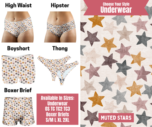 Preorder! Closes 9/29. ETA Dec. Muted Stars Hipster, High Waist, Boyshort, & Thong Underwear & Boxer Briefs