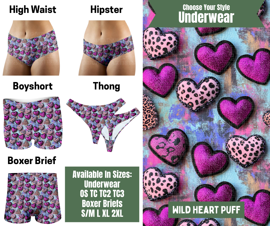Preorder! Closes 11/24. ETA Jan. Wild Heart Puff Hipster, High Waist, Boyshort, & Thong Underwear & Boxer Briefs