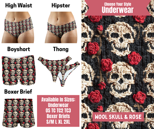 Preorder! Closes 9/29. ETA Dec. Wool Skull & Rose Hipster, High Waist, Boyshort, & Thong Underwear & Boxer Briefs