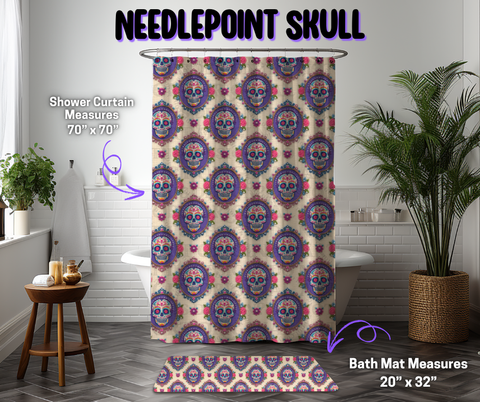 Preorder! Closes 12/8. ETA March. Needlepoint Skull Custom Shower Curtain and/or Bath Mat