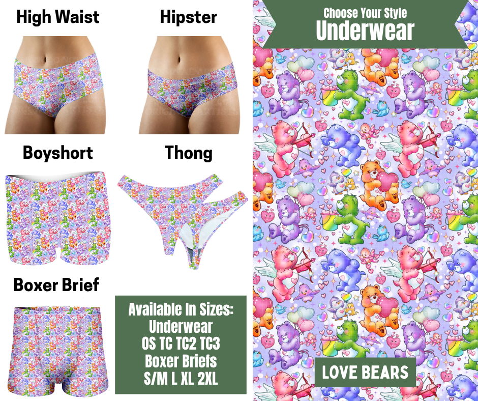 Preorder! Closes 11/24. ETA Jan. Love Bears Hipster, High Waist, Boyshort, & Thong Underwear & Boxer Briefs