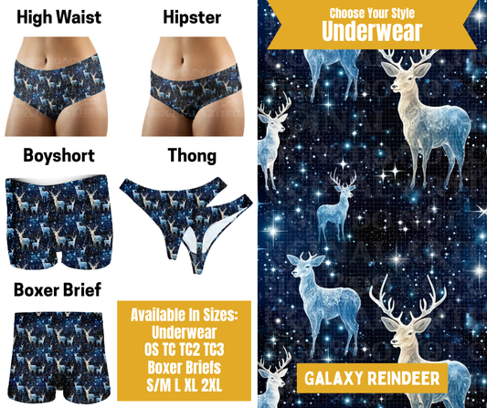 Preorder! Closes 10/28. ETA Jan. Galaxy Reindeer Hipster, High Waist, Boyshort, & Thong Underwear & Boxer Briefs