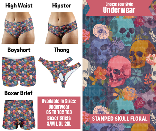 Preorder! Closes 9/29. ETA Dec. Stamped Skull Floral Hipster, High Waist, Boyshort, & Thong Underwear & Boxer Briefs