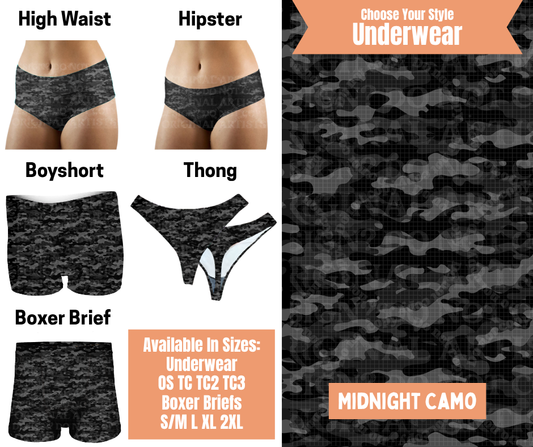 Preorder! Closes 11/5. ETA Feb. Midnight Camo Hipster, High Waist, Boyshort, & Thong Underwear & Boxer Briefs