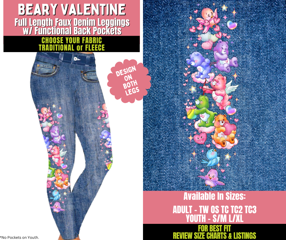 Preorder! Closes 11/20. ETA Jan. Beary Valentine Faux Denim Leggings w/ Side Leg Designs Choose Fleece or Traditional