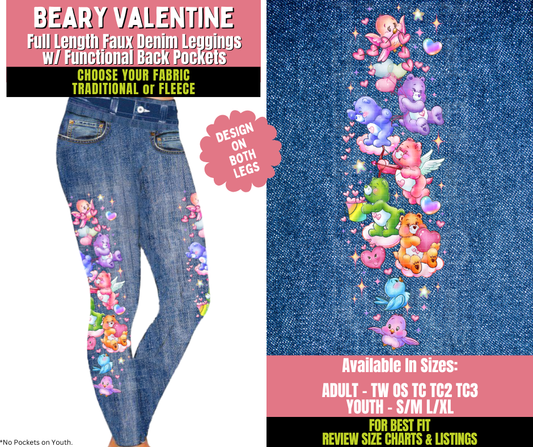 Preorder! Closes 11/20. ETA Jan. Beary Valentine Faux Denim Leggings w/ Side Leg Designs Choose Fleece or Traditional