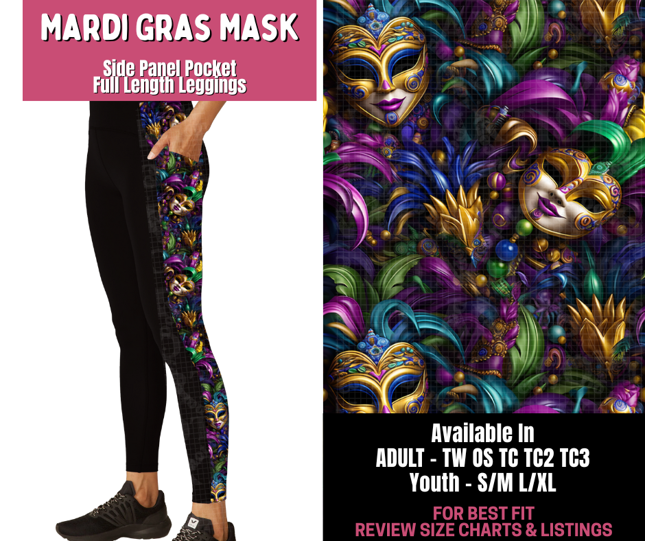 Preorder! Closes 11/10. ETA Jan. Mardi Gras Mask Side Panel Pocket Full Length Leggings