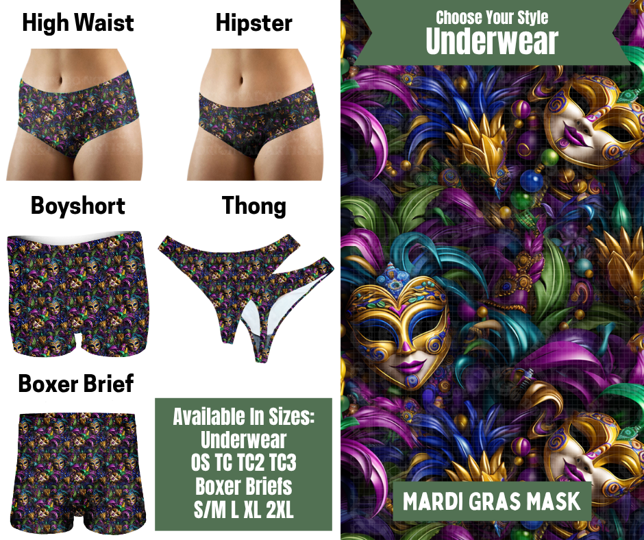 Preorder! Closes 11/24. ETA Jan. Mardi Gras Mask Hipster, High Waist, Boyshort, & Thong Underwear & Boxer Briefs