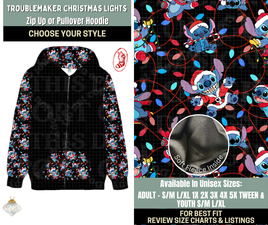Preorder! Closes 9/15. ETA Dec. Troublemaker Christmas Lights Zip-Up or Pullover Hoodie