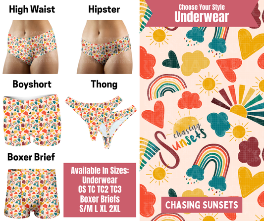 Preorder! Closes 9/29. ETA Dec. Chasing Sunsets Hipster, High Waist, Boyshort, & Thong Underwear & Boxer Briefs