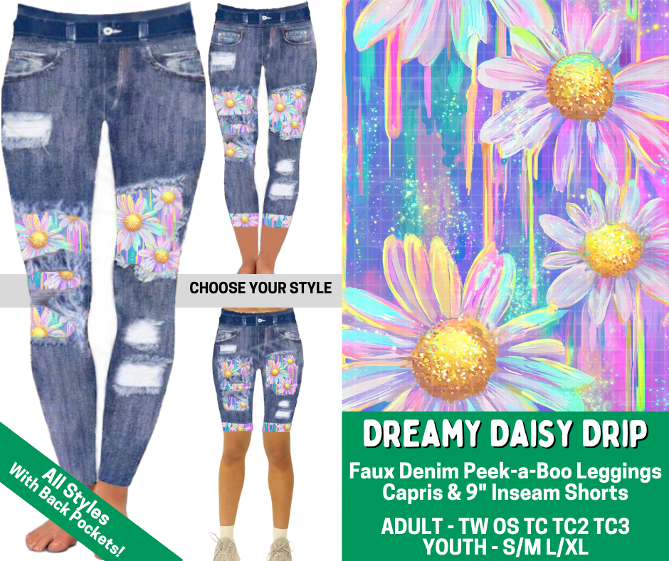 Preorder! Closes 2/18. ETA May. Dreamy Daisy Drip Combo Faux Denim Peekaboo Legging Lengths - Alonna's Legging Land