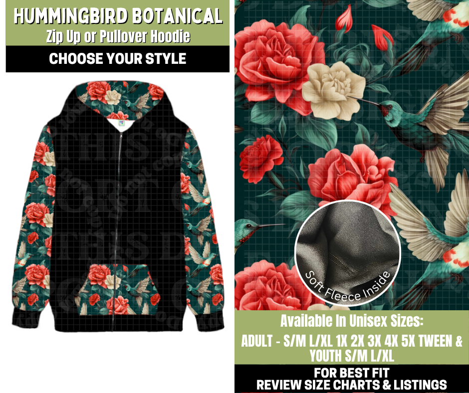Preorder! Closes 11/6. ETA Jan. Hummingbird Botanical Zip-Up or Pullover Hoodie