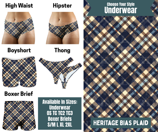 Preorder! Closes 9/30. ETA Dec. Heritage Bias Plaid Hipster, High Waist, Boyshort, & Thong Underwear & Boxer Briefs