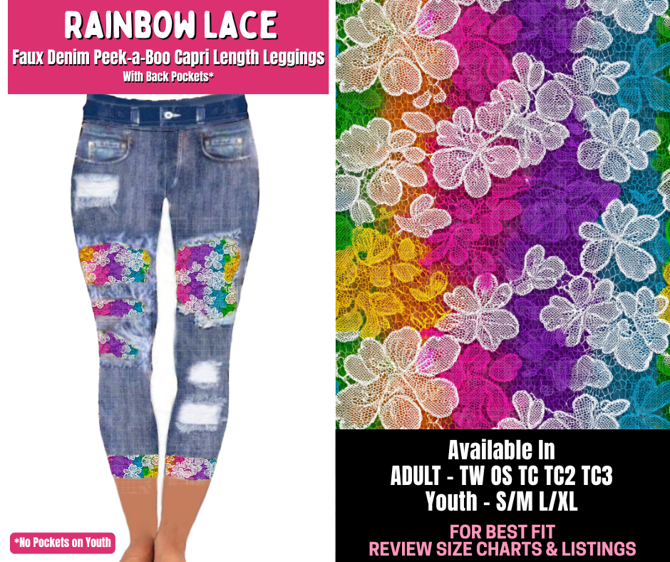 Preorder! Closes 1/1. ETA March. Rainbow Lace Capri Faux Denim Peekaboo