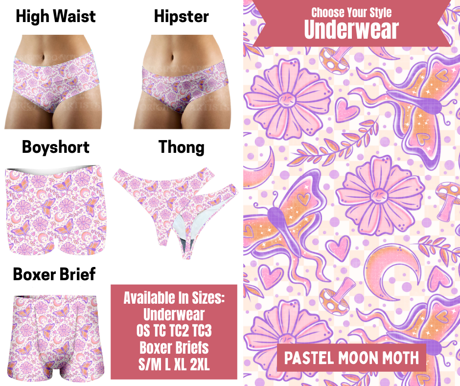 Preorder! Closes 9/29. ETA Dec. Pastel Moon Moth Hipster, High Waist, Boyshort, & Thong Underwear & Boxer Briefs