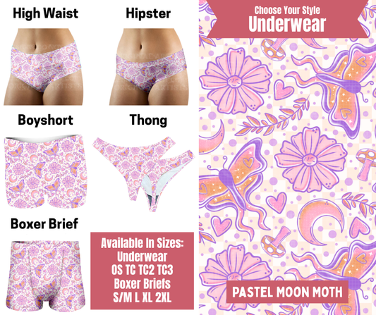 Preorder! Closes 9/29. ETA Dec. Pastel Moon Moth Hipster, High Waist, Boyshort, & Thong Underwear & Boxer Briefs