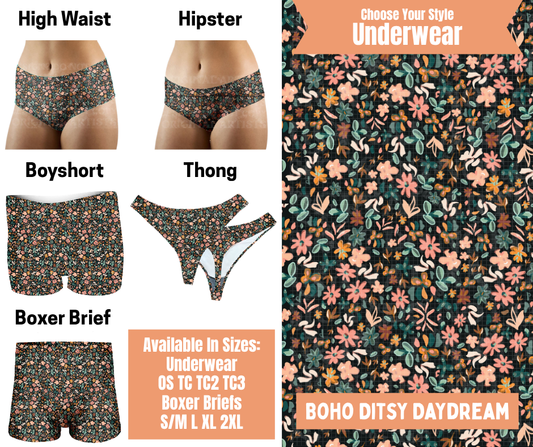 Preorder! Closes 11/5. ETA Feb. Boho Ditsy Daydream Hipster, High Waist, Boyshort, & Thong Underwear & Boxer Briefs