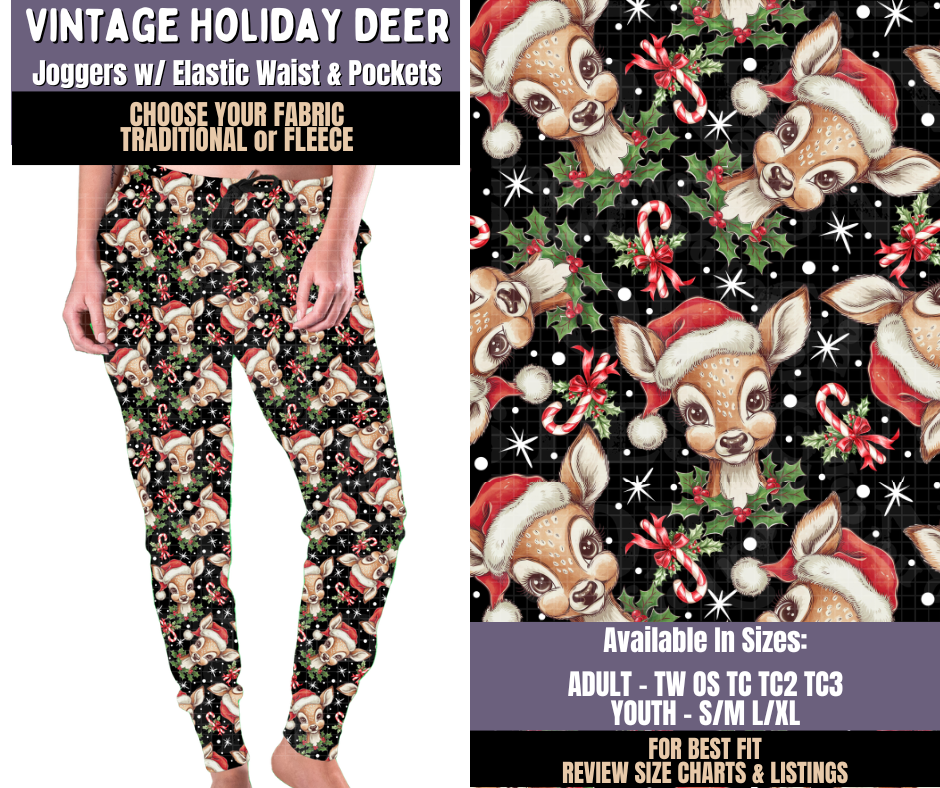 Preorder! Closes 9/3. ETA Dec. Vintage Holiday Deer Joggers Choose Fleece or Traditional