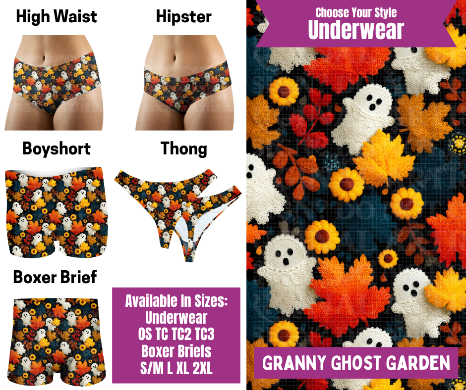 Preorder! Closes 6/24. ETA Sept. Granny Ghost Garden Hipster, High Waist, Boyshort, & Thong Underwear & Boxer Briefs