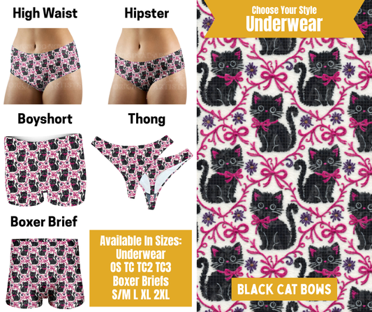Preorder! Closes 10/28. ETA Jan. Black Cat Bows Hipster, High Waist, Boyshort, & Thong Underwear & Boxer Briefs