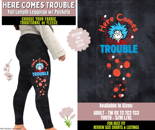 Preorder! Closes 10/8. ETA Dec. Here Comes Trouble Watercolor Leggings w/ Side Leg Designs Choose Fleece or Traditional