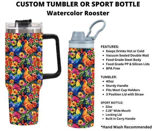 Watercolor Rooster Custom Tumbler or Sport Bottle - Alonna's Legging Land