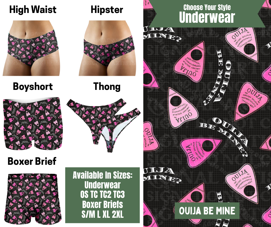 Preorder! Closes 11/24. ETA Jan. Ouija Be Mine Hipster, High Waist, Boyshort, & Thong Underwear & Boxer Briefs