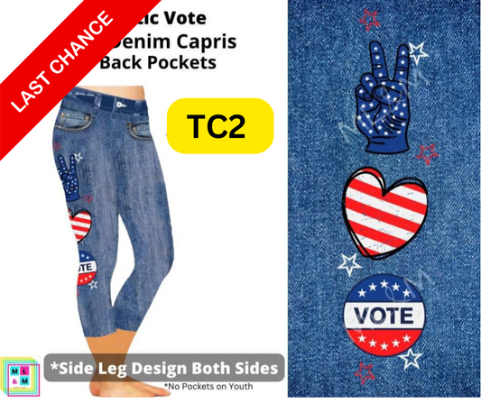 Patriotic Vote Capri Faux Denim w/ Side Leg Designs - Alonna's Legging Land