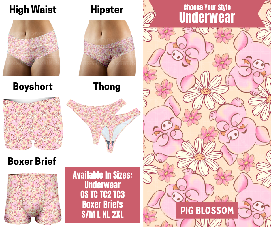 Preorder! Closes 9/29. ETA Dec. Pig Blossom Hipster, High Waist, Boyshort, & Thong Underwear & Boxer Briefs