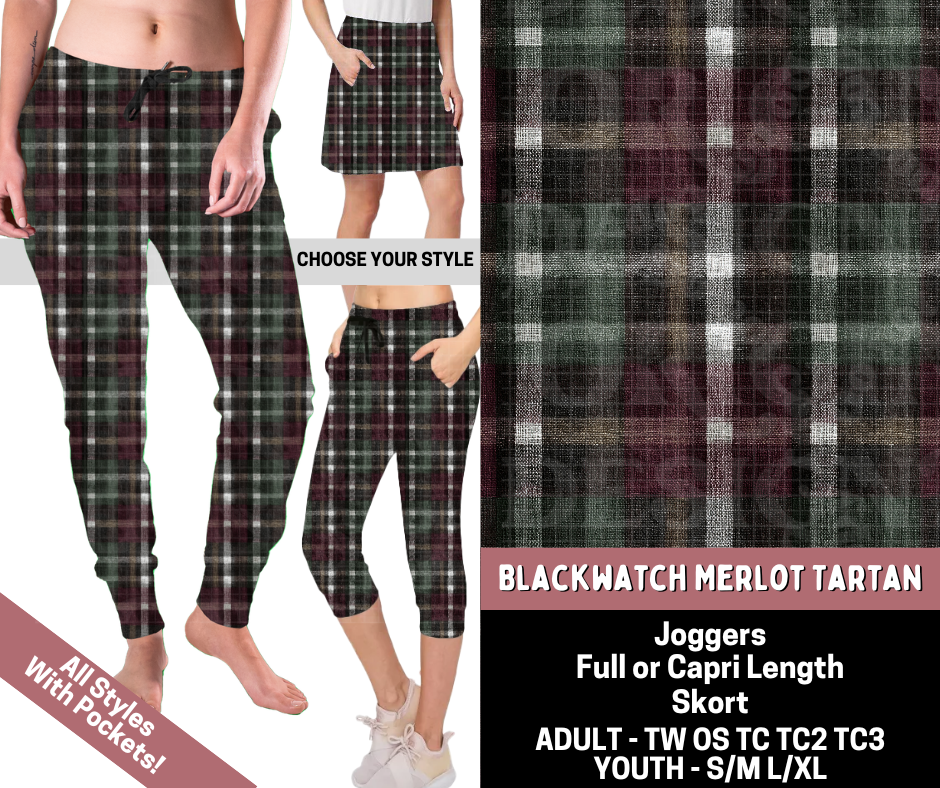 Preorder! Closes 6/11. ETA Sept. Blackwatch Merlot Tartan Combo Jogger Lengths & Skort