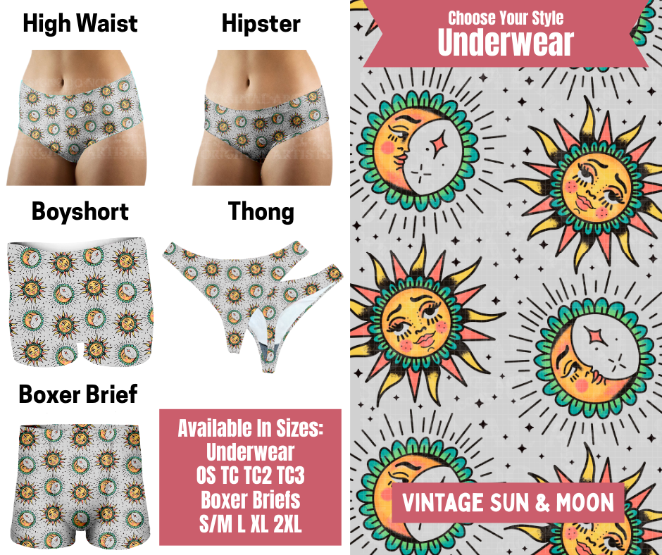 Preorder! Closes 9/29. ETA Dec. Vintage Sun & Moon Hipster, High Waist, Boyshort, & Thong Underwear & Boxer Briefs