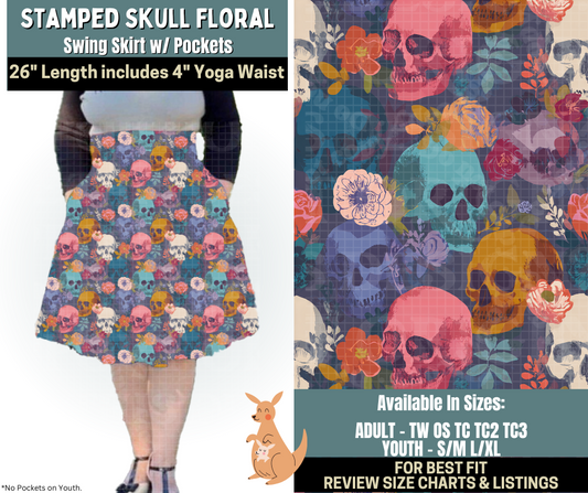 Preorder! Closes 10/2. ETA Dec. Stamped Skull Floral Swing Skirt