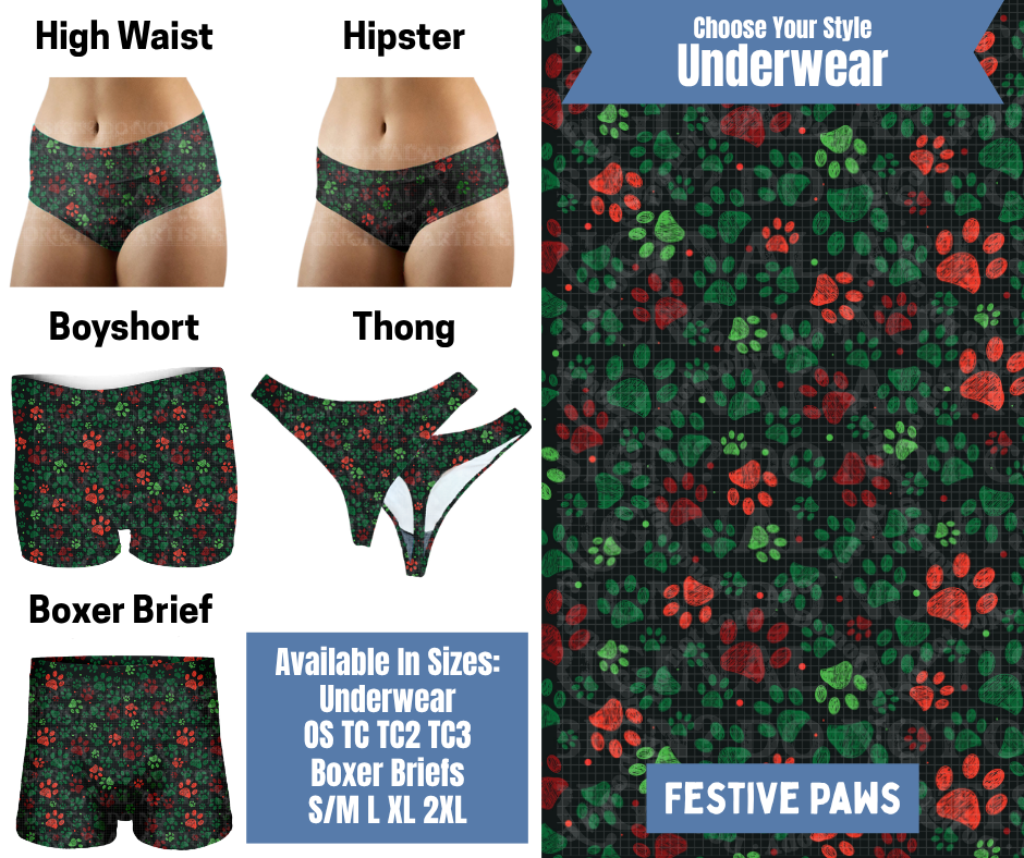 Preorder! Closes 8/26. ETA Nov. Festive Paws Hipster, High Waist, Boyshort, & Thong Underwear & Boxer Briefs