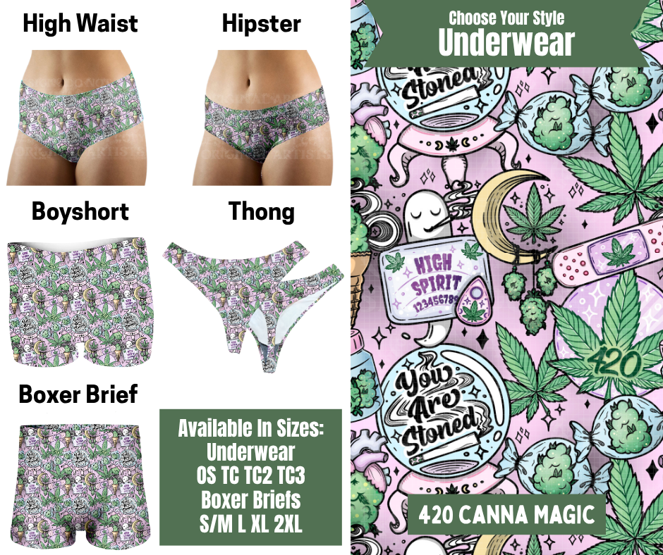 Preorder! Closes 11/24. ETA Jan. 420 Canna Magic Hipster, High Waist, Boyshort, & Thong Underwear & Boxer Briefs