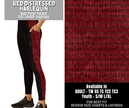 Preorder! Closes 12/3. ETA Feb. Red Distressed Harlequin Side Panel Pocket Full Length Leggings