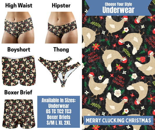Preorder! Closes 8/26. ETA Nov. Merry Clucking Christmas Hipster, High Waist, Boyshort, & Thong Underwear & Boxer Briefs