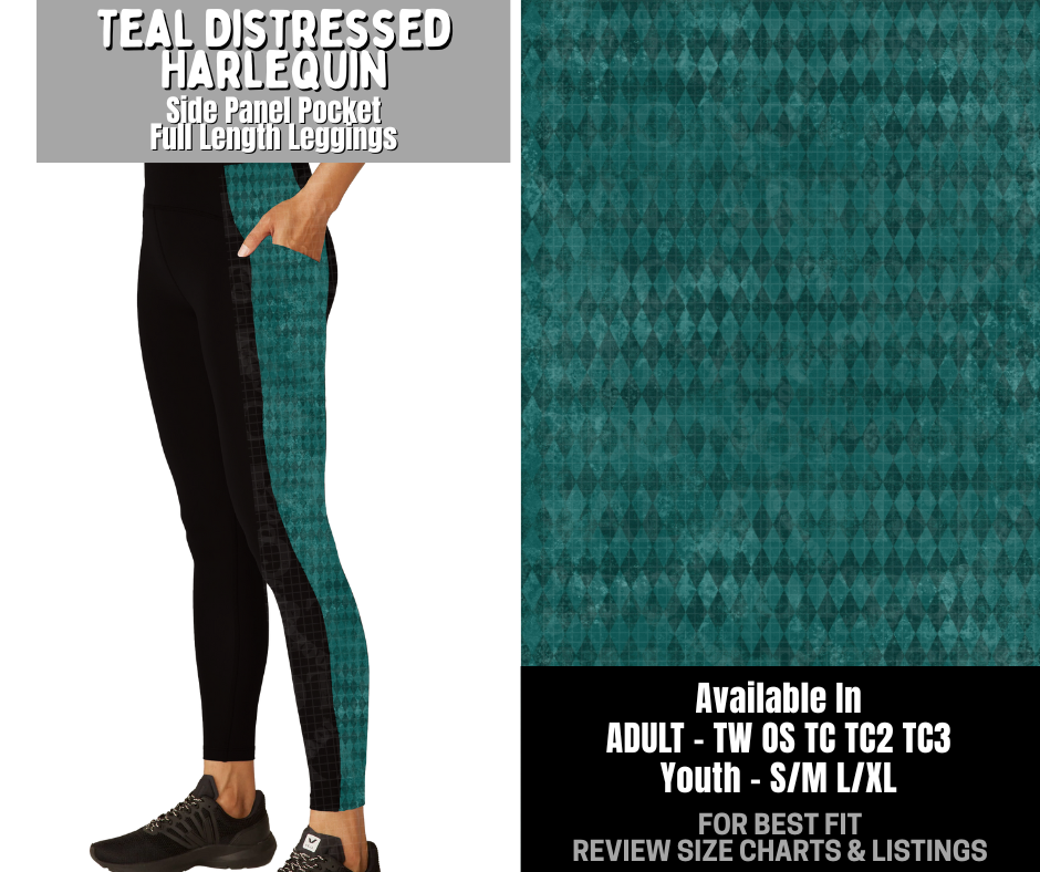 Preorder! Closes 12/3. ETA Feb. Teal Distressed Harlequin Side Panel Pocket Full Length Leggings