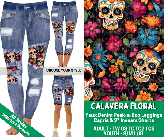 Preorder! Closes 2/18. ETA May. Calavera Floral Combo Faux Denim Peekaboo Legging Lengths - Alonna's Legging Land