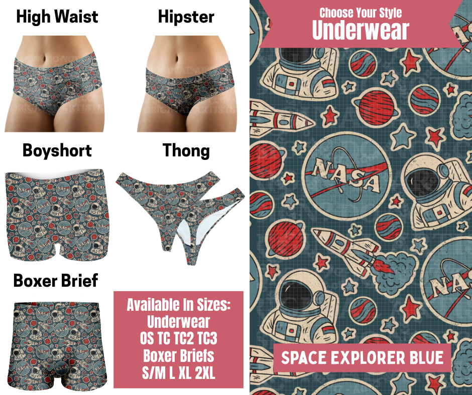 Preorder! Closes 9/29. ETA Dec. Space Explorer Blue Hipster, High Waist, Boyshort, & Thong Underwear & Boxer Briefs