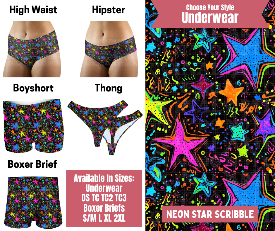 Preorder! Closes 9/29. ETA Dec. Neon Star Scribble Hipster, High Waist, Boyshort, & Thong Underwear & Boxer Briefs