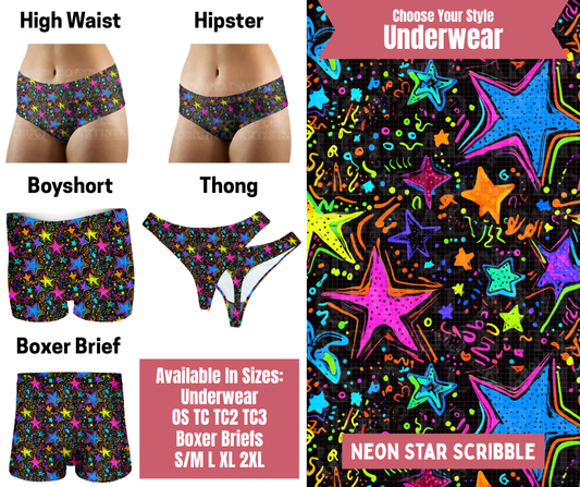 Preorder! Closes 9/29. ETA Dec. Neon Star Scribble Hipster, High Waist, Boyshort, & Thong Underwear & Boxer Briefs