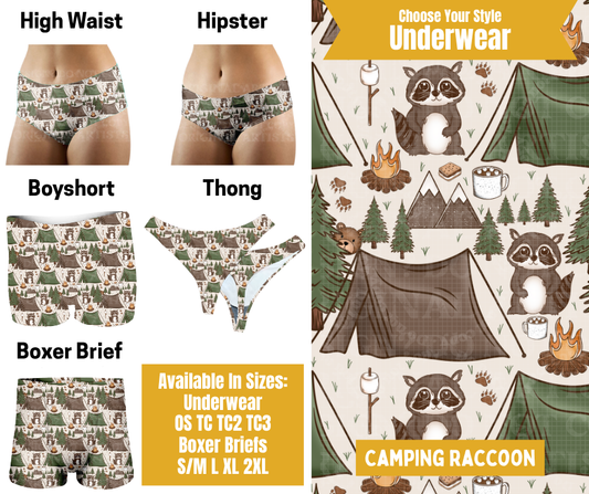 Preorder! Closes 10/28. ETA Jan. Camping Raccoon Hipster, High Waist, Boyshort, & Thong Underwear & Boxer Briefs