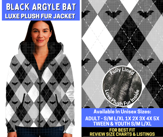 Preorder! Closes 10/20. ETA Jan. Black Argyle Bat Luxe Fur Jacket